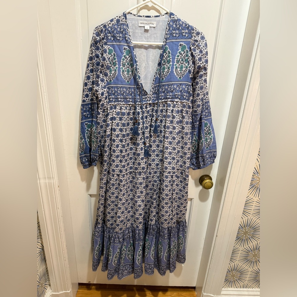 Emerson Fry Blue & White India Collection Tiered Long Sleeve Sundress